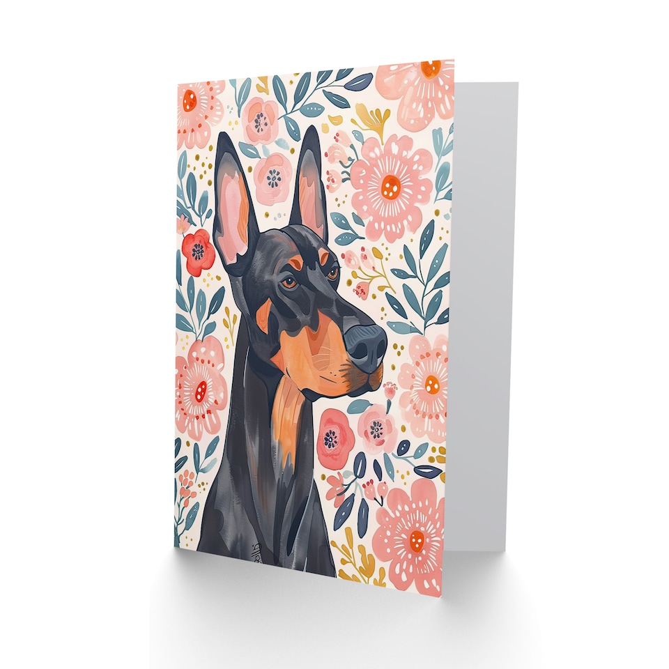 image 1 of Greeting Card Dog Lover Doberman Portrait Pink Floral Folk Art