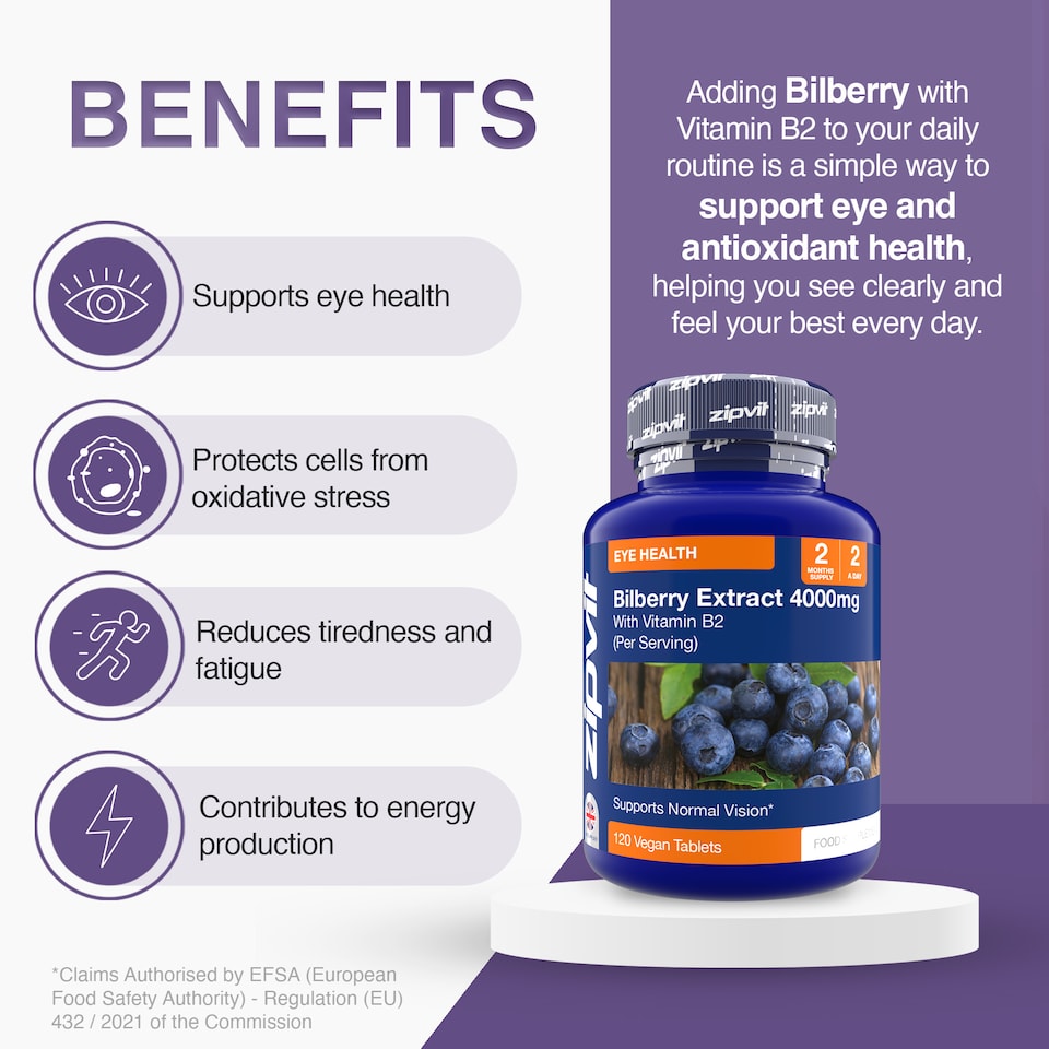 image 1 of Zipvit Bilberry 4000mg with Vitamin B2, Eye Health & Vision Support, 120 Vegan Tablets, 2-Month Supply