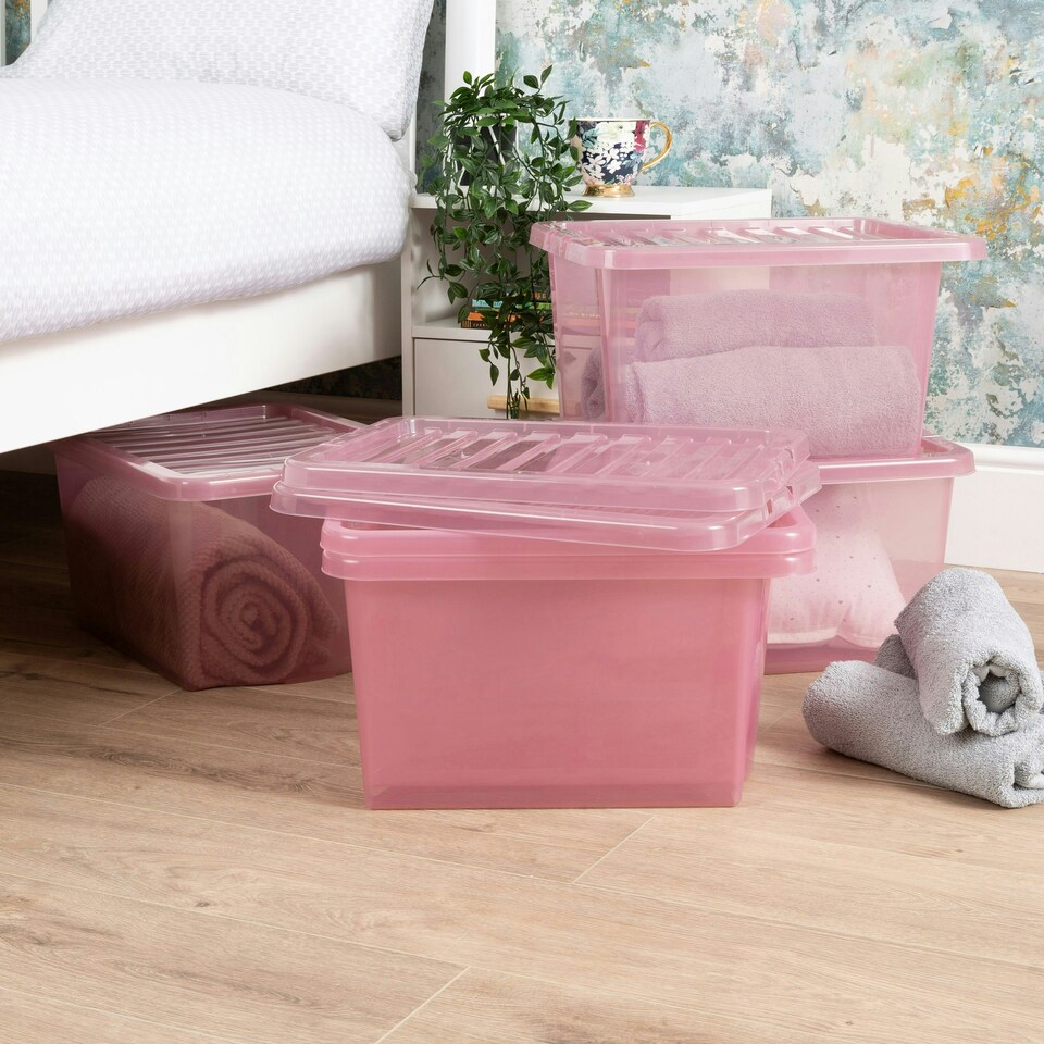 image 1 of Wham Crystal 5 x 28L Stackable Plastic Storage Boxes with Lids Pink