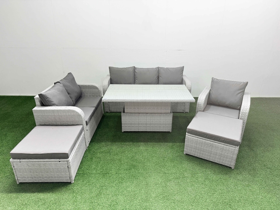 image 1 of Fimous Patio PE Wicker 8 Seater Outdoor Rattan Furniture Sofa Sets with Adjustable Lifting Dining or Coffee Table Reclining Chair Loveseat Sofa 3 Seater Sofa 2 Big Footstools Light Grey