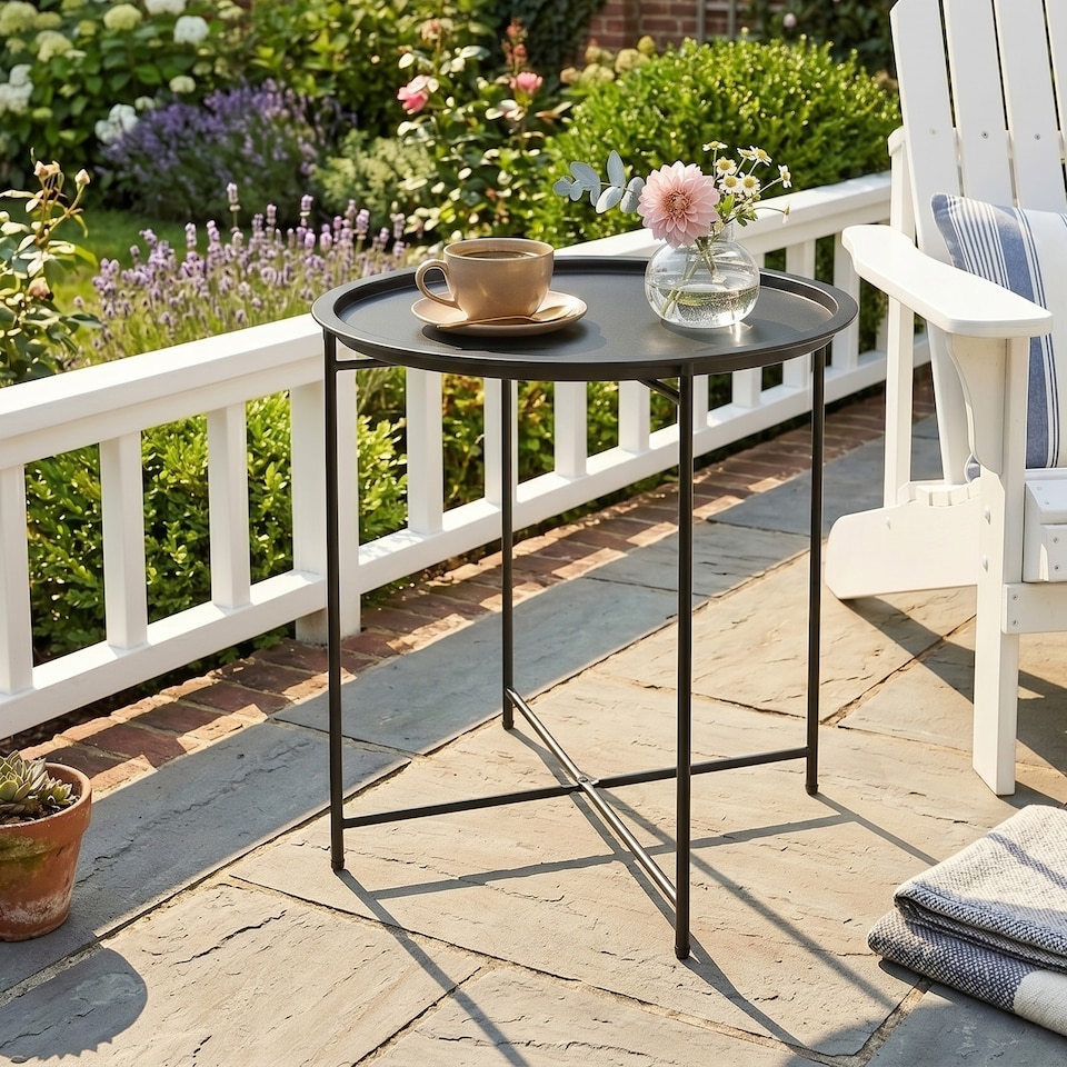 image 1 of Outsunny 46cm Round Garden Table Side Table with Removable Tray, Black