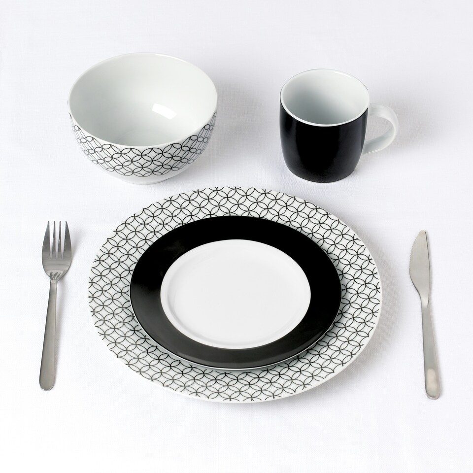 image 1 of 16pc Geo Black & White Dinner Set