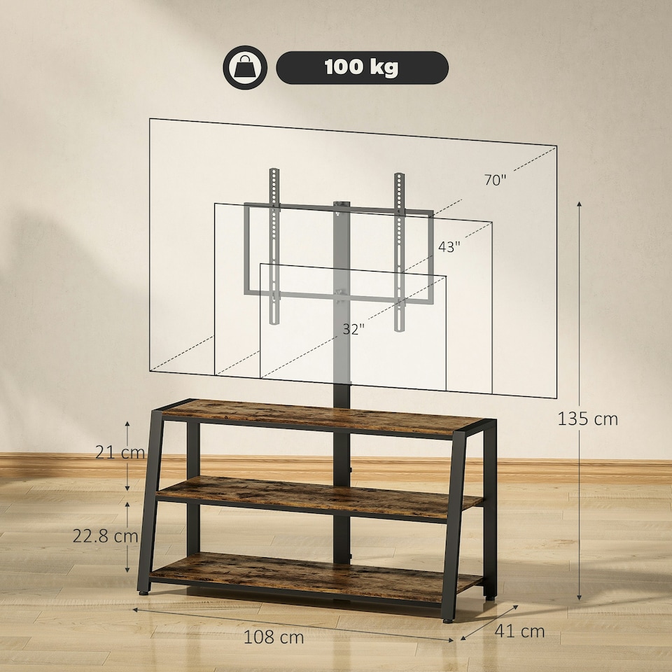 image 1 of HOMCOM TV Stand Cabinet with Swivel Bracket for 32 - 70 Inch TVs Brown