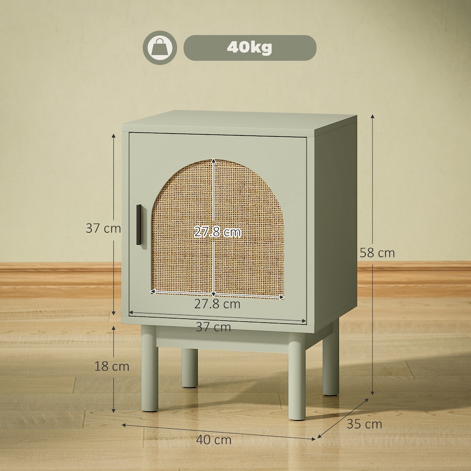 image 1 of HOMCOM Rattan Bedside Table, Boho Bedside Cabinet with Adjustable Shelf and Solid Wood Legs, Side Table for Living Room, Bedroom, Light Green | Green