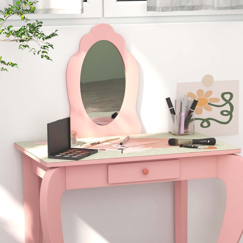 image 1 of ZONEKIZ Kids Dressing Table with Mirror and Stool, Girls Vanity Table Makeup Desk with Drawer, Cute Animal Design, for Ages 3-6 Years, Pink