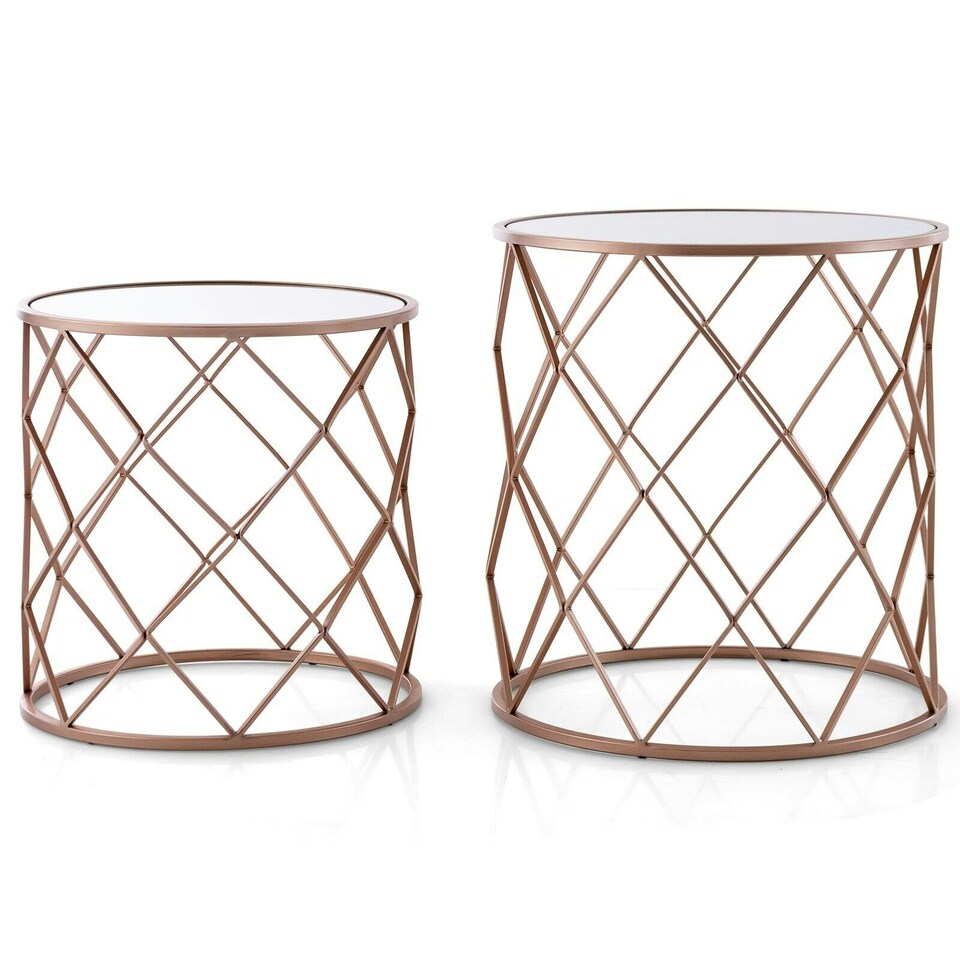 image 1 of COSTWAY Set of 2 Stackable Round Coffee Table W/Mirrored Top Yellow