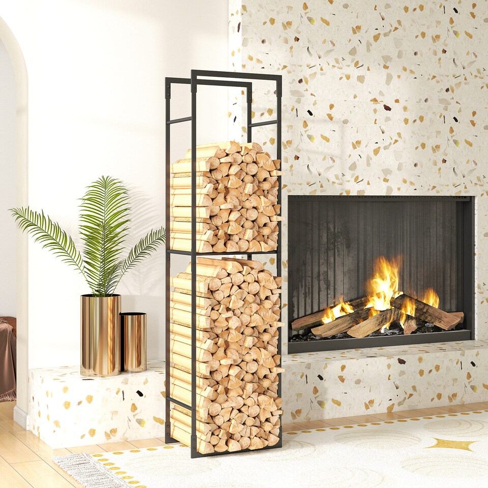 image 1 of Outsunny Metal Firewood Log Holder, Heavy Duty Firewood Rack with Adjustable Shelf, Indoor Outdoor Fireplace Wood Storage Shelf, 45 x 31 x 170 cm, Black