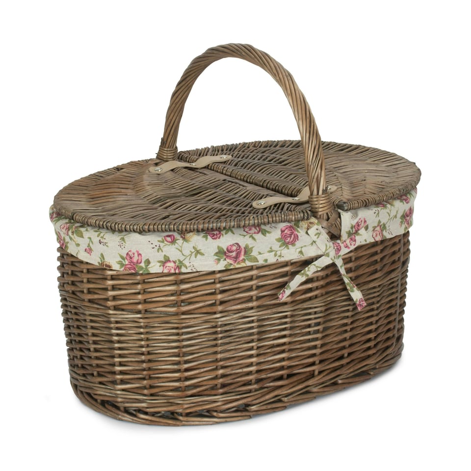 image 1 of Antique Wash Deep Oval Picnic Basket with Lining Multi | Rose Garden | One Size