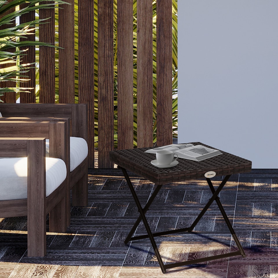 image 1 of Outsunny Folding Rattan Garden Coffee Table, Small Square Outdoor Bistro Side Table with Rattan Top for Patio, Balcony, Porch, 40 x 40 x 40 cm, Brown