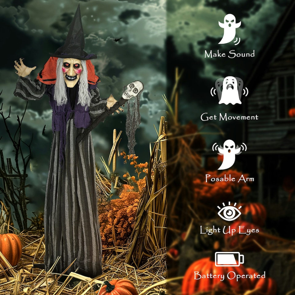image 1 of Outsunny Voice Activated Halloween Animatronics Standing Witch & Skull Staff