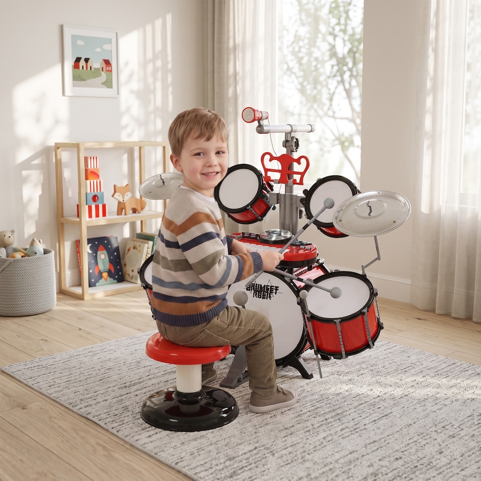 image 1 of HOMCOM Kids Drum Set for Beginners with Stool, Educational Musical Toy, Red