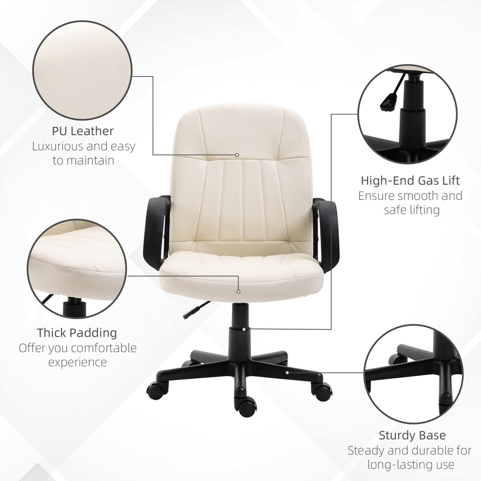 image 1 of HOMCOM Desk Chair, PU Leather Computer Office Chair with Adjustable Height, Swivel Wheels for Home Work Study, Cream White