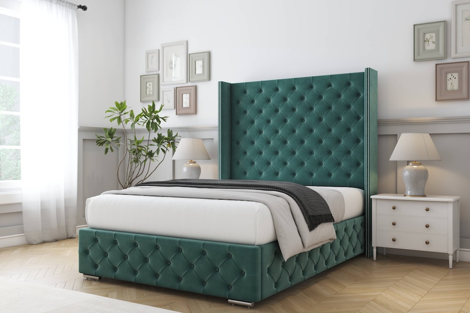 image 1 of Sloomy Arundel Emerald Plush Bed Frame With Mattress With 50"  Upholstered Wingback Headboard 6' Super King