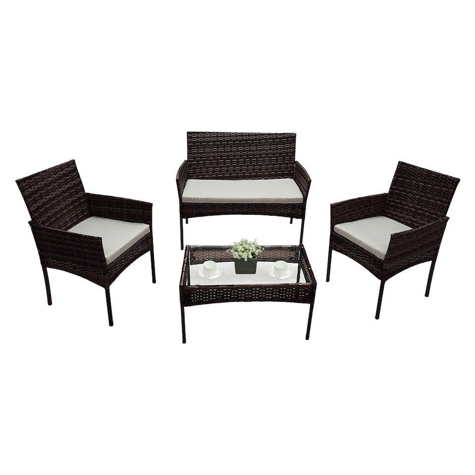 image 1 of Alivio 4 Piece Rattan Sofa Set Patio Furniture with Coffee Table Weather Resistant UV Protected Cushions for Indoor Outdoor Use | Brown | 1