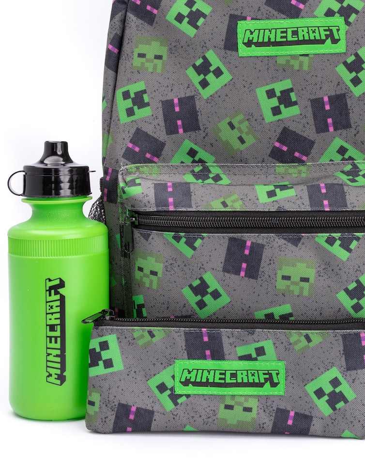 image 1 of Minecraft Boys Backpack | Kids Creeper Zombie Enderman Villains Merchandise Rucksack Water Bottle | Back to School | Grey | Grey