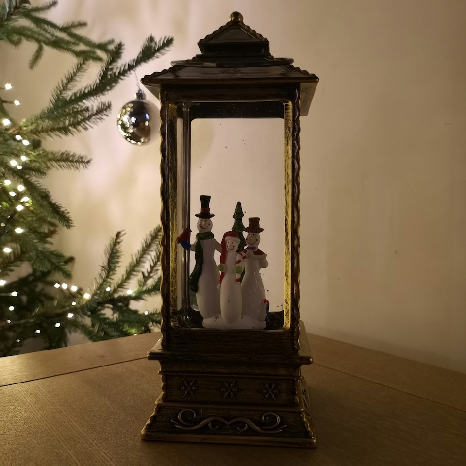 image 1 of 27cm Premier Glitter Water Spinner LED Lantern Christmas Decoration with Snowman Scene