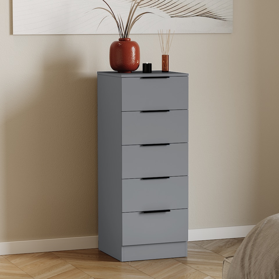 image 1 of Vida Designs Trega 5 Drawer Tall Narrow Chest of Drawers Bedroom Storage Unit - Grey
