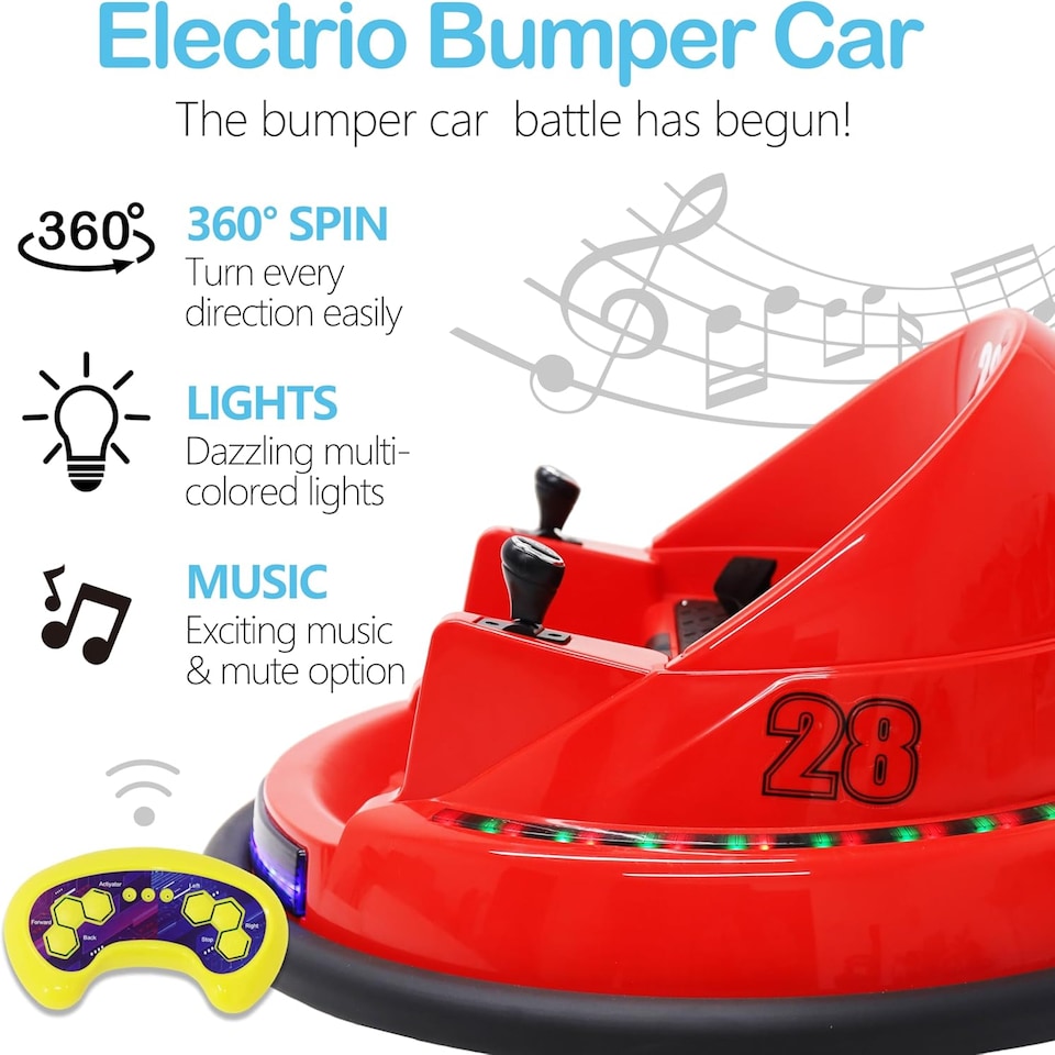image 1 of Alivio Remote Control Bumper Car for Kids, 360° Spin with Lights, Music & Safety Belt (Red)