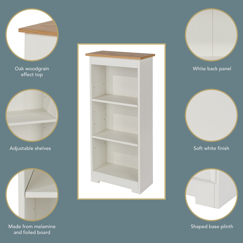 image 1 of Colorado 3 Shelf Low Narrow Bookcase - Soft White Finish with Oak Woodgrain Effect Top and Practical Storage | White | Soft White | One Size | 1