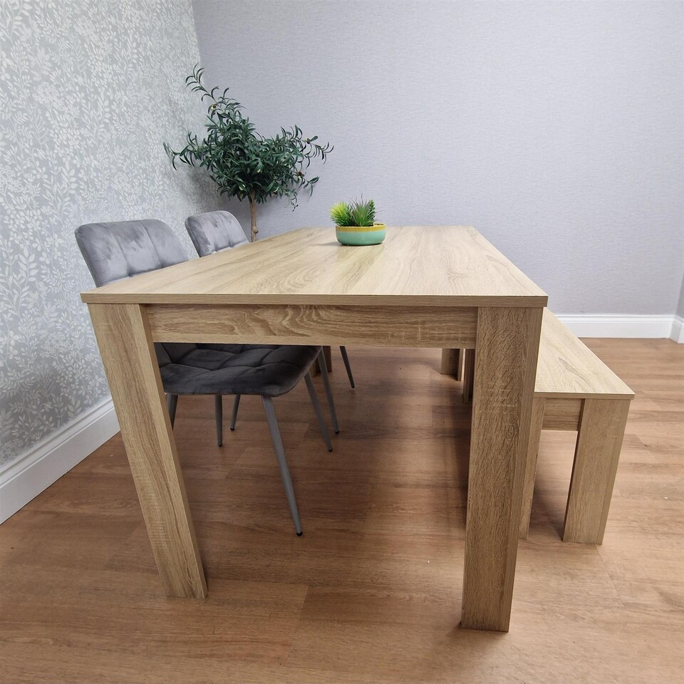 image 1 of Dining Table Set Oak Effect Table With 2 Grey Velvet Dining Chairs And 1 Bench | Grey | One Size | 4