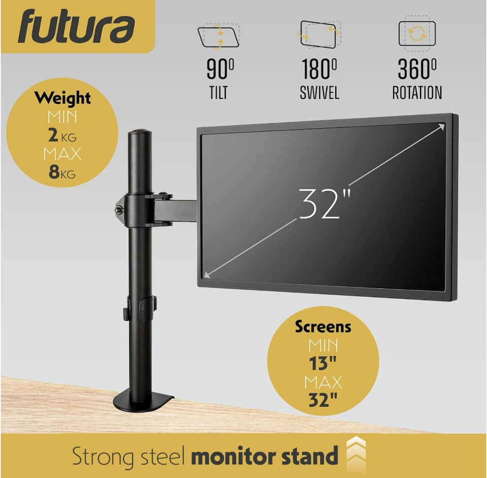 image 1 of Futura Single Monitor Arm Desk Mount, Adjustable Stand for 13-32 Inch Screens Full Motion | Black | Black | 1