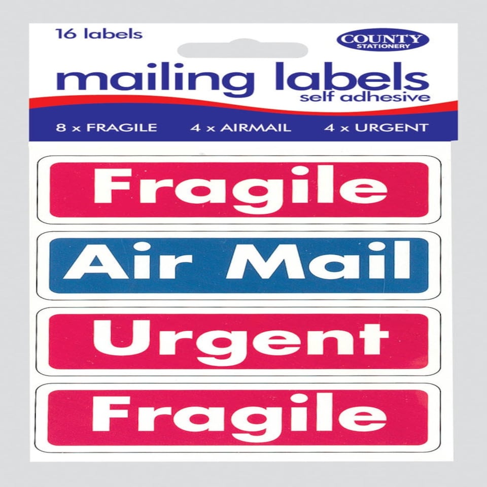 image 1 of MAILING LABELS 16 SELF ADHESIVE 95MM X 30MM 8 FRAGILE 4 AIRMAIL 4 URGENT