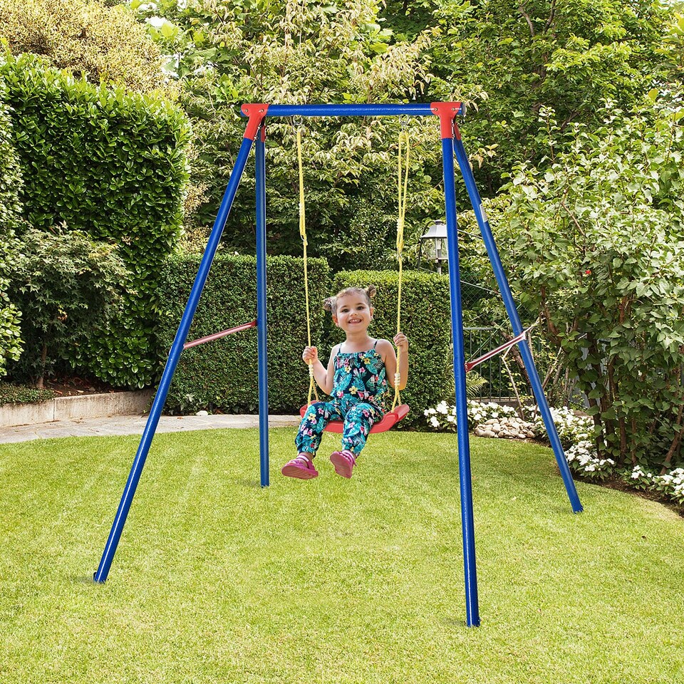 image 1 of Outsunny Metal Swing Set w/ Adjustable Rope A-Frame Stand Outdoor Playset