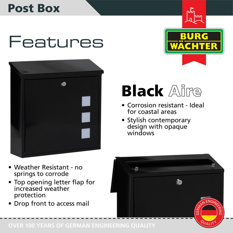 image 1 of Burg-Wachter Aire Wall Mounted Galvanised Steel Lockable Weatherproof Post Box - 37x37x11cm Silver