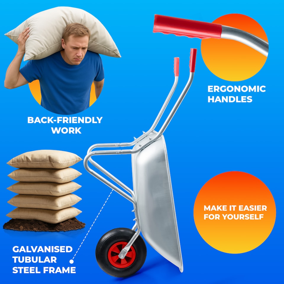 image 1 of Heavy Duty 65L Galvanised Metal Wheelbarrow Home Garden Cart or Tyre - 100Kg