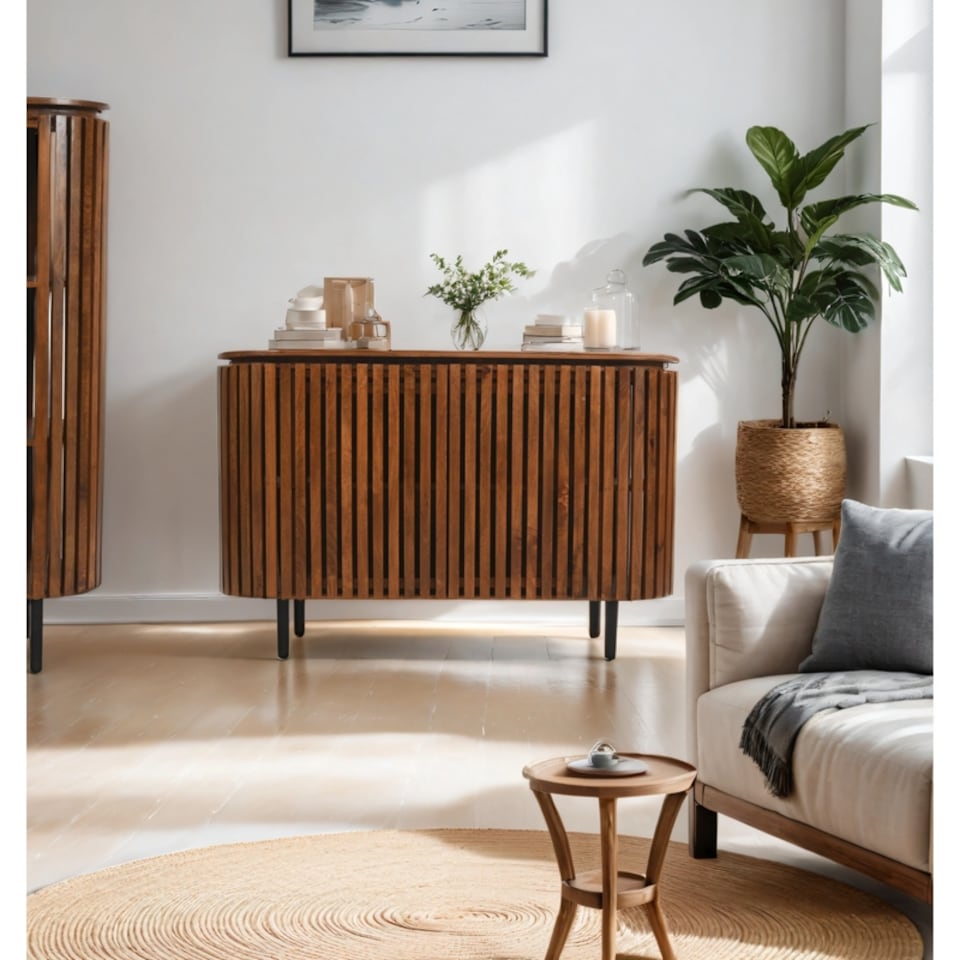 image 1 of Slatted Large 2 Doors Sideboard - Mango Wood - L40 x W135 x H85 cm | Brown