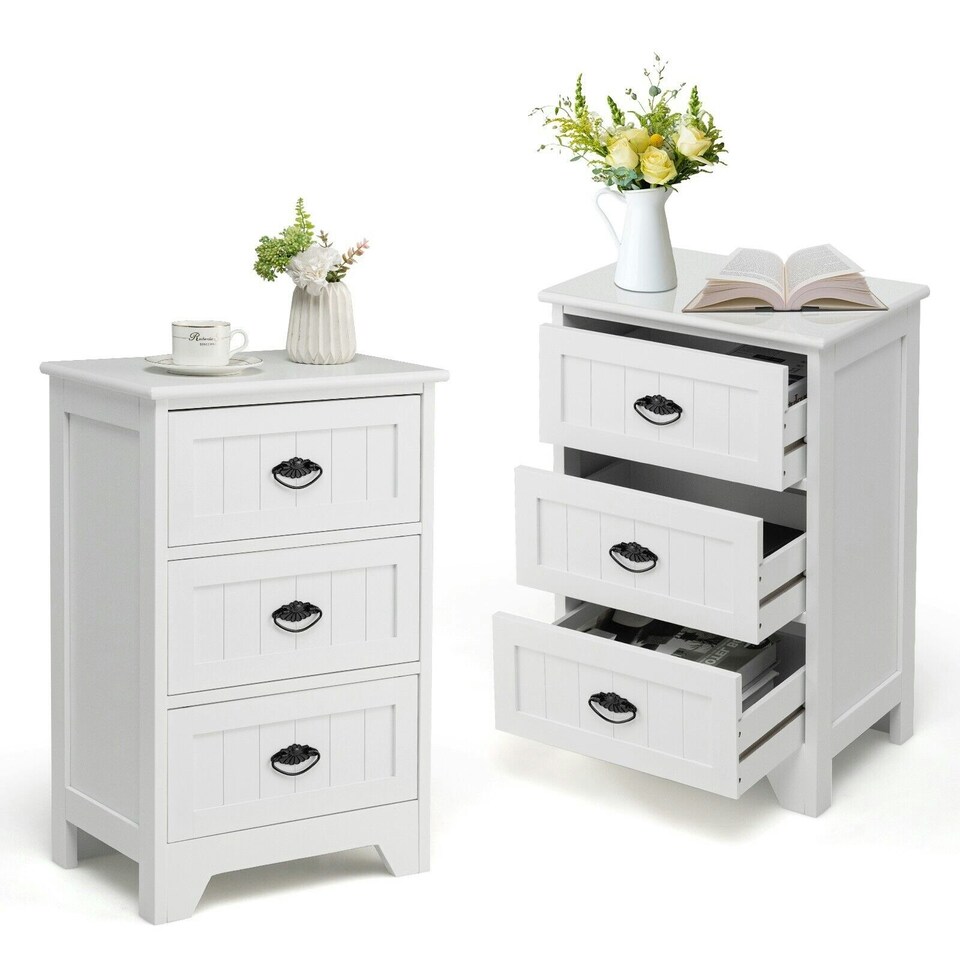 image 1 of COSTWAY Wood 3-Drawer Nightstand Accent End Table White | White
