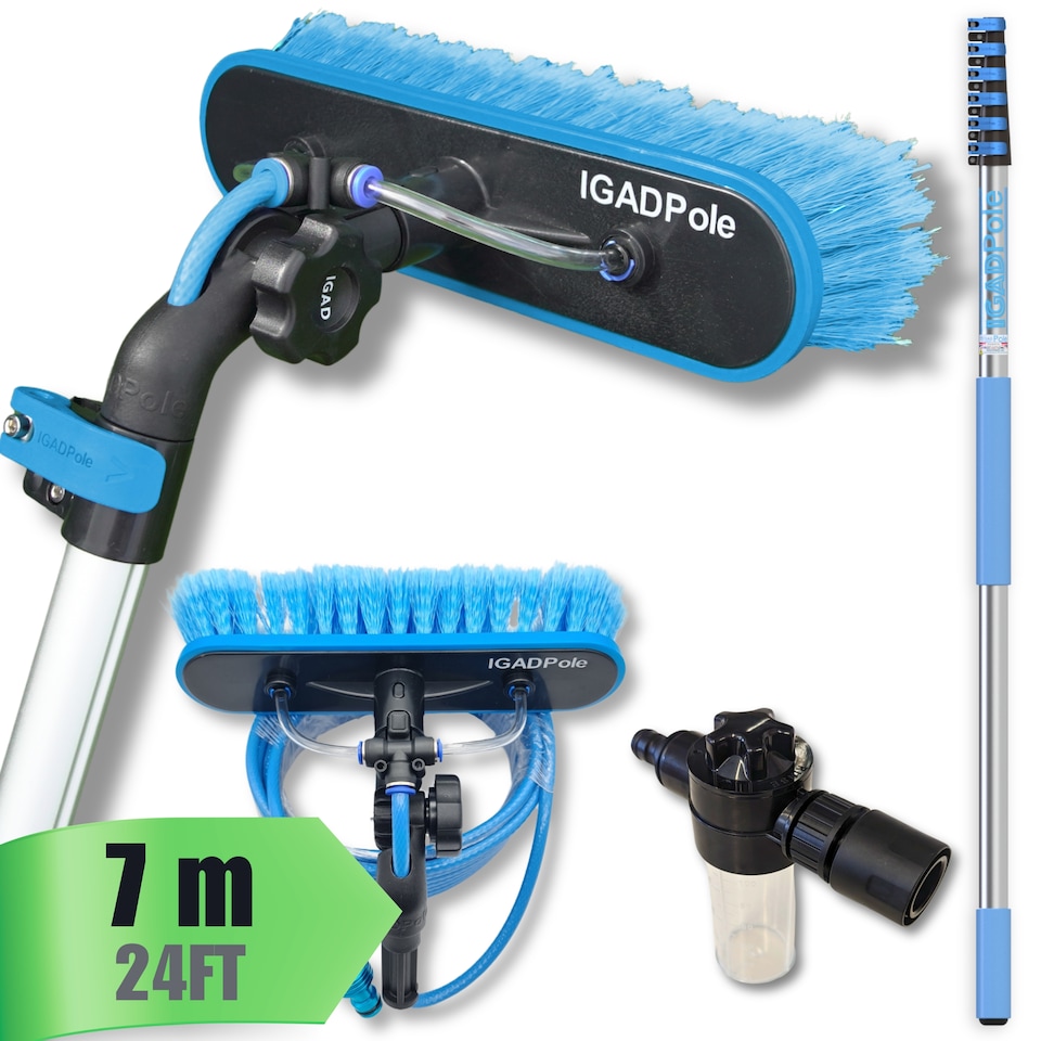 image 1 of IGAD Pole 7m (24ft) Extension Pole Kit with Water-fed Brush and Hose, with 6-Stage Telescoping Pole 5-24ft Pole