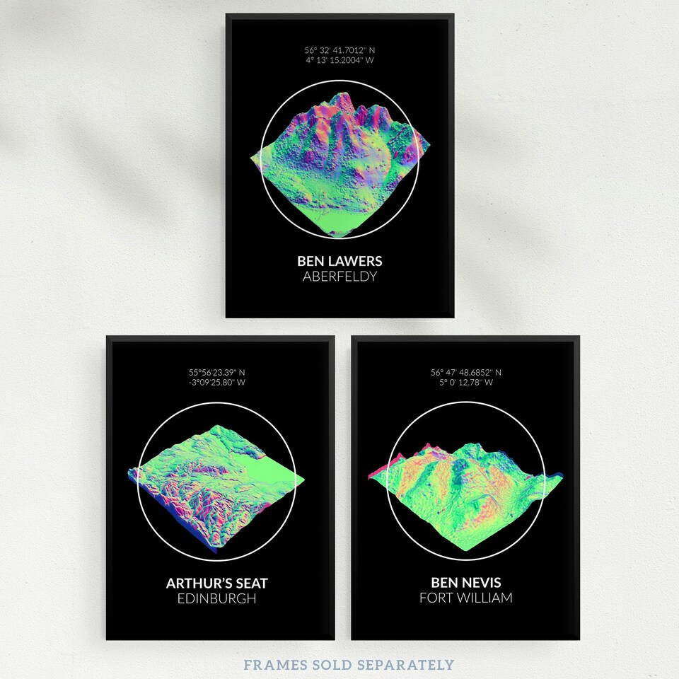 image 1 of Set of 3 Neon Scotland Mountain Topography Maps Ben Lawers Aberfeldy Wall Art Print A4