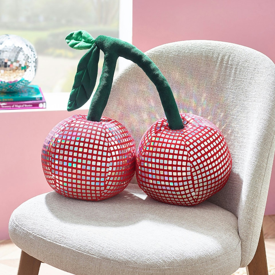 image 1 of Catherine Lansfield Disco Cherries 3D Shaped Cushion Pink | Pink