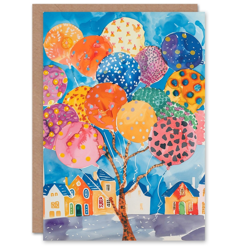 image 1 of Balloon Tree Village Colourful Watercolour Her Birthday Card