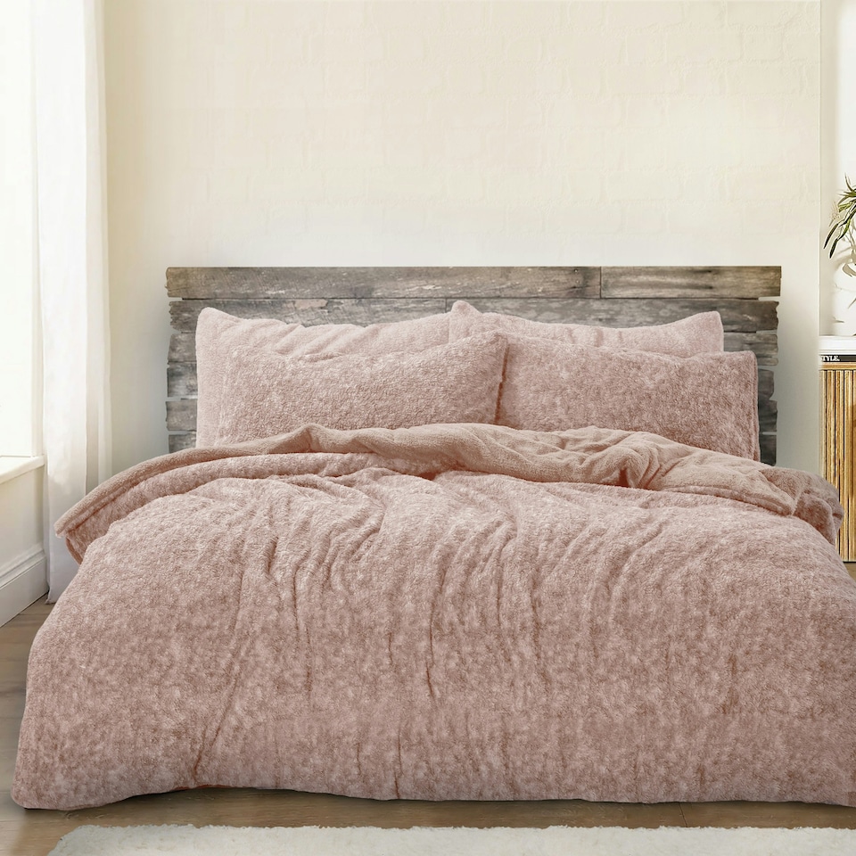 image 1 of Velosso Teddy Marl Fluffy and Warm Fleece Duvet Cover Set Pink | Blush | Single