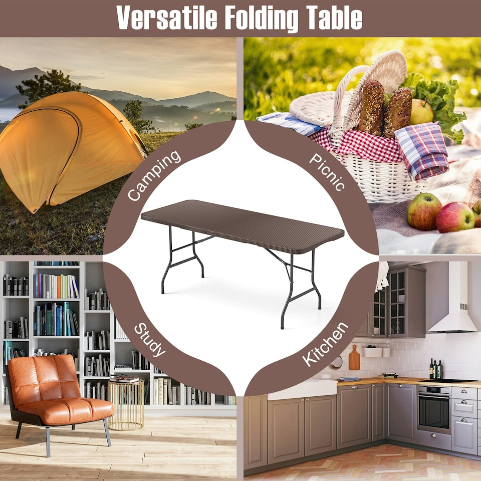 image 1 of COSTWAY 180 cm Portable Folding Camping Table Fold-in-Half | Brown