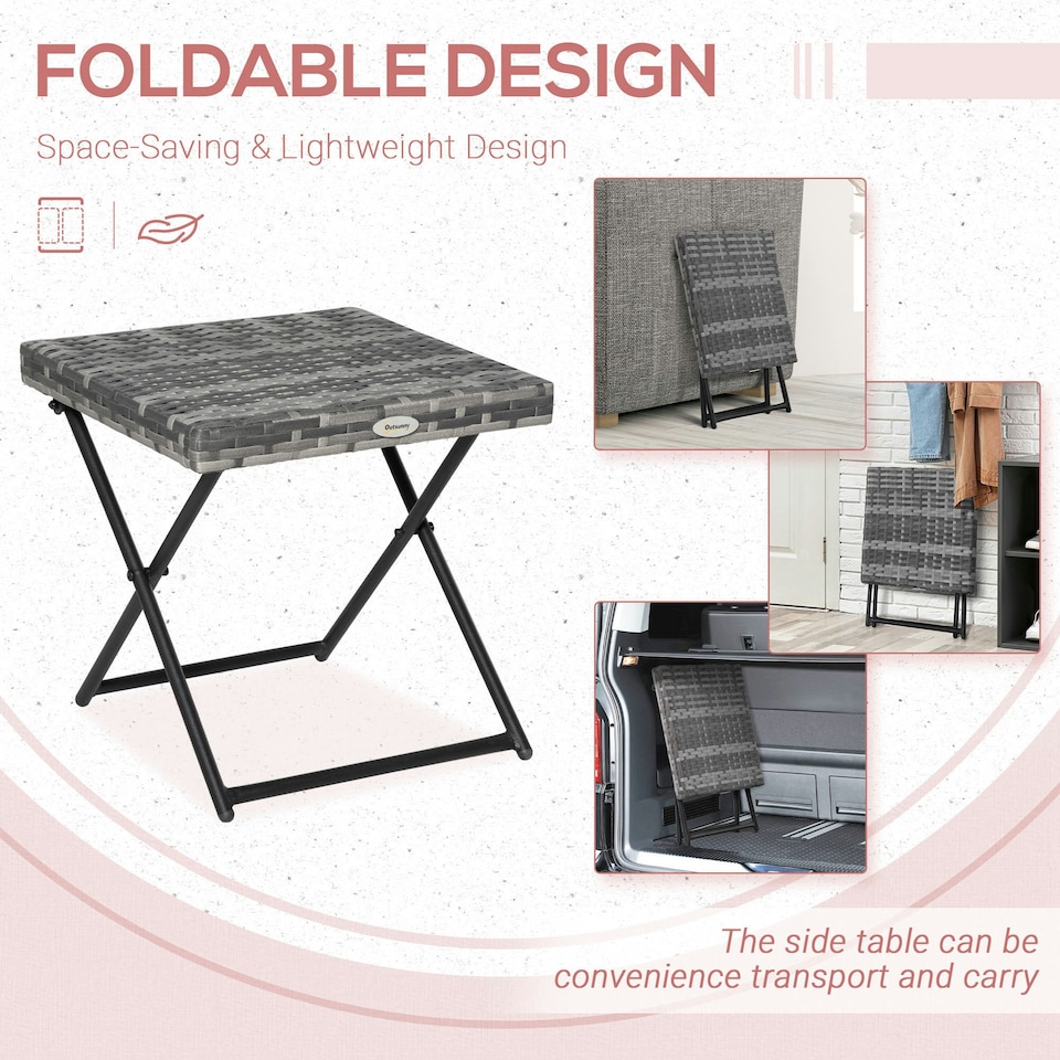 image 1 of Outsunny Folding Square Rattan Coffee Table w/ Steel Frame Bistro Garden Grey