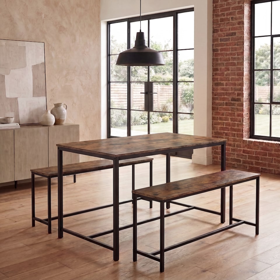 image 1 of Vida Designs Brooklyn 4 Seater Dining Set 3 Piece Table & Bench Set, Dark Wood