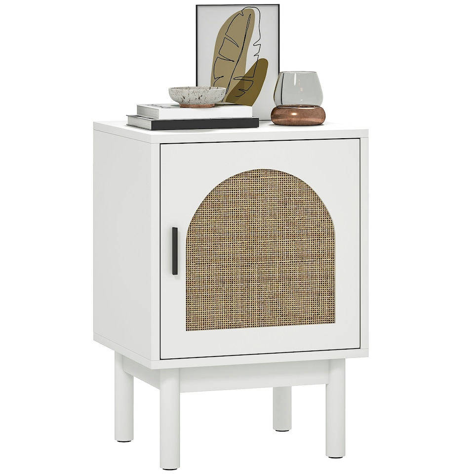 image 1 of HOMCOM Boho Bedside Table with Rattan Door and Adjustable Shelf, White White | Natural Rattan