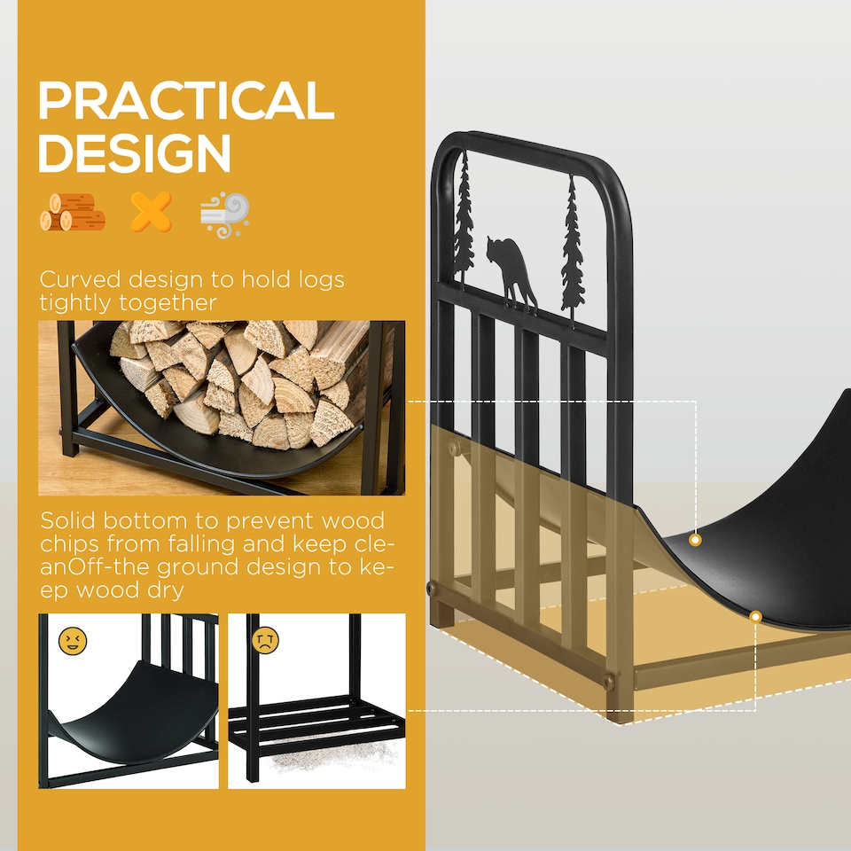 image 1 of Outsunny Metal Firewood Log Holder Indoor Outdoor Firewood Rack Inner Arced Fireplace Wood Storage Shelf w Bear Shape Design, RustResistant, Black, 42W x 33.5D x 43H cm