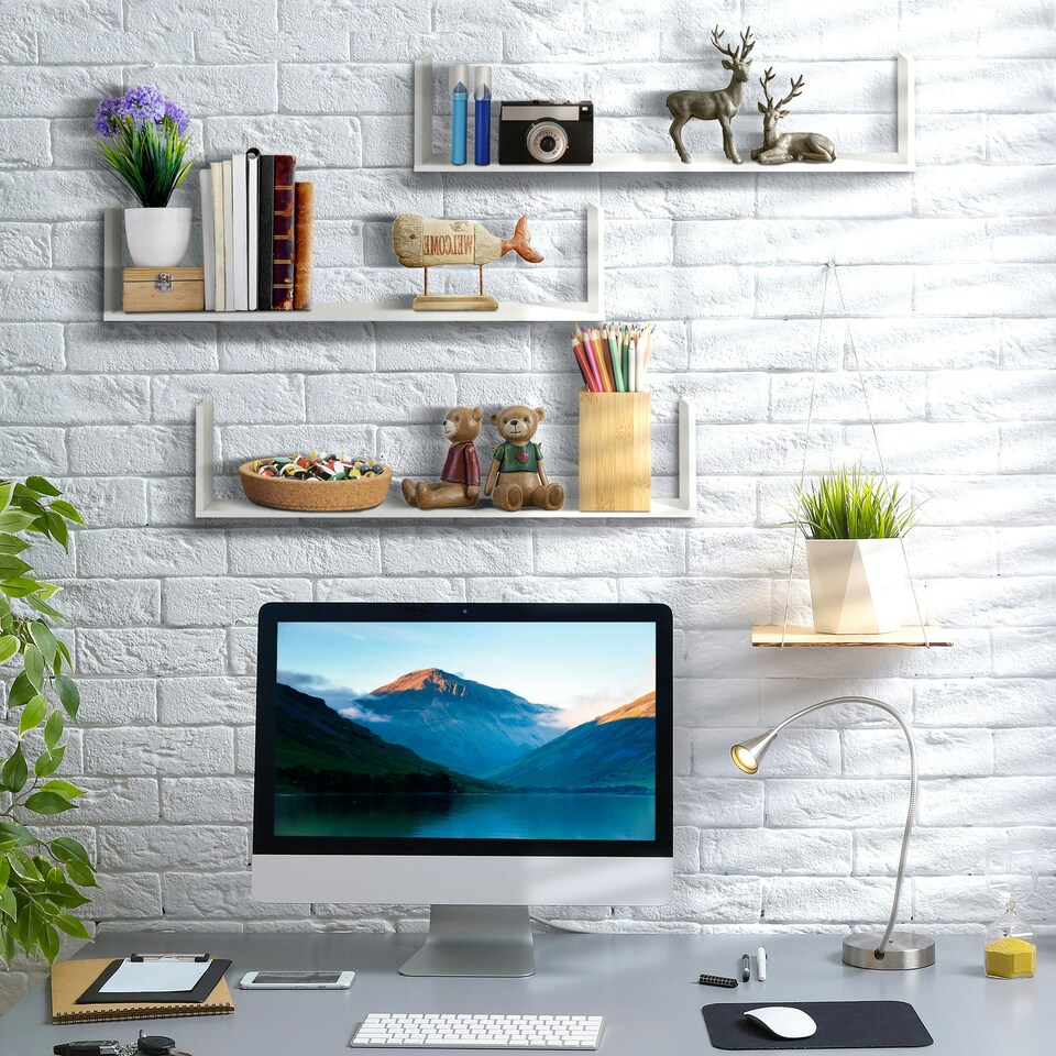 image 1 of HOMCOM Set of 3 Wooden Floating Shelves Wall Mount CD DVD Storage Display White