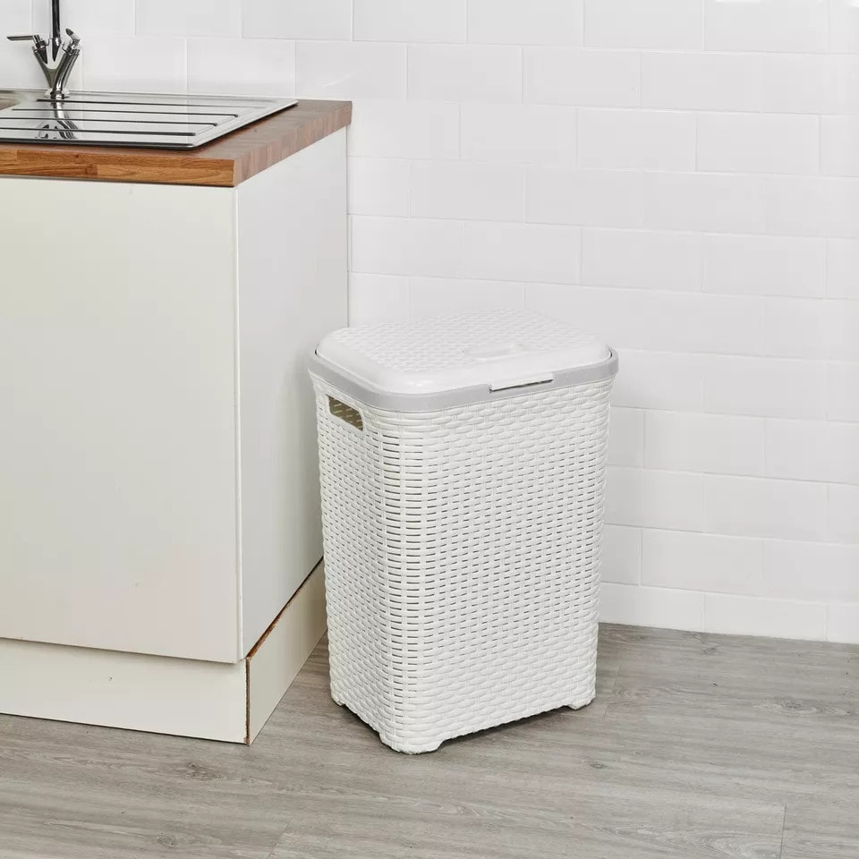 image 1 of 55L Plastic Rattan Laundry Basket | White | 1