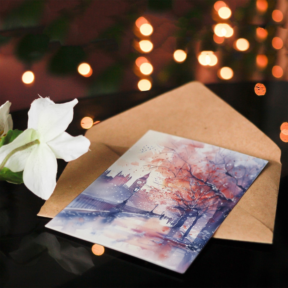 image 1 of Big Ben Street View London Winter Watercolour Birthday Card
