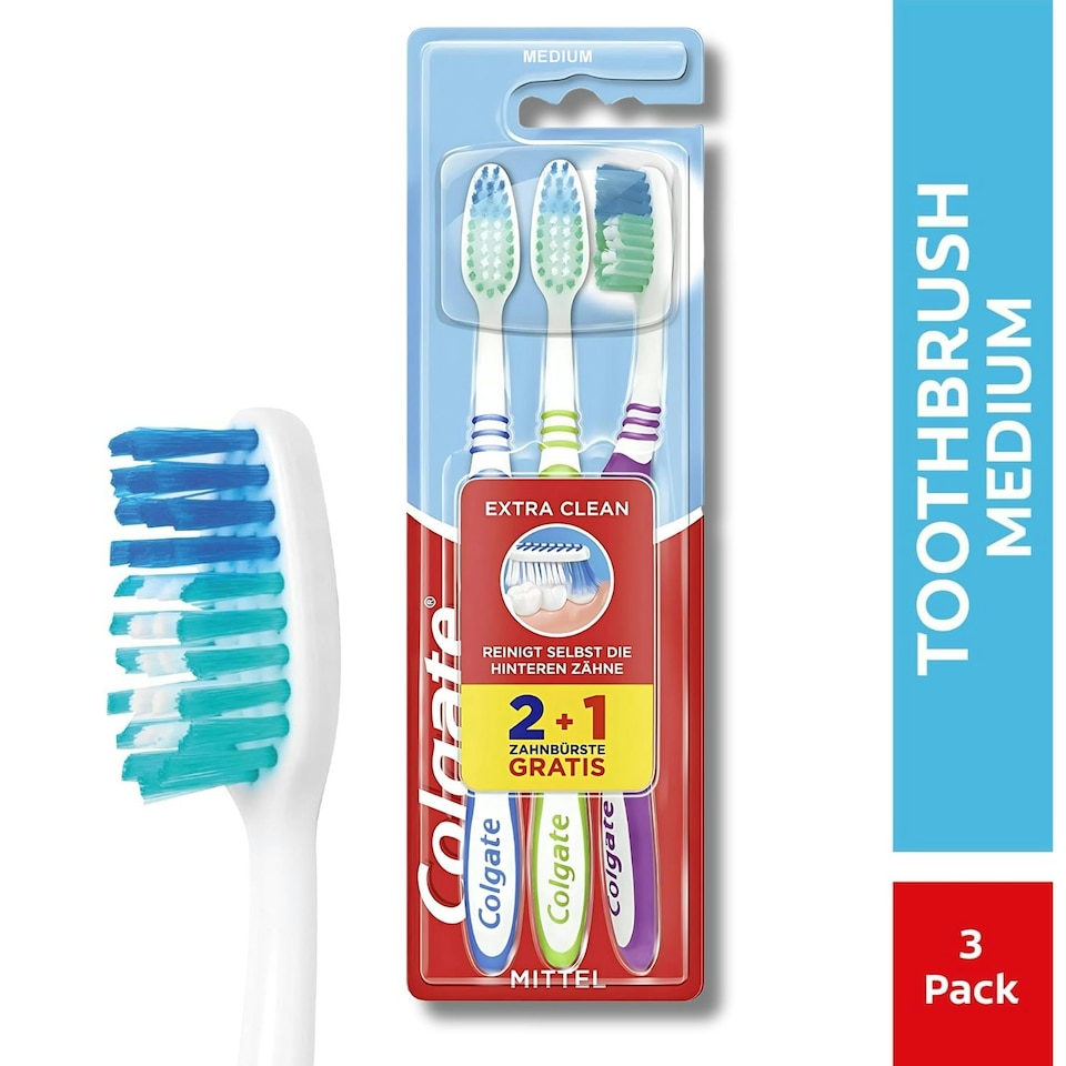 image 1 of Colgate Extra Clean Toothbrush Medium 3 Packs Cleaning Assorted Colours