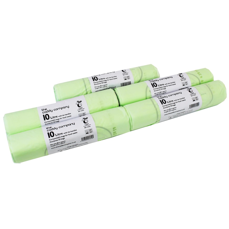 image 1 of The Caddy Company 10 Litre Tie Handle Compostable Food Waste Bin Bags - 5 Rolls