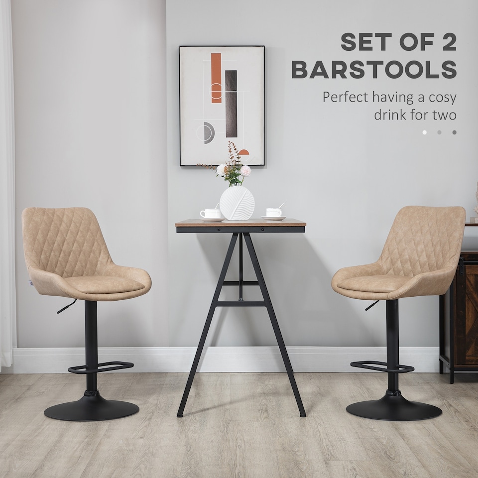 image 1 of HOMCOM Breakfast Bar Stools Set of 2 with 51x40cm Wide Seat, Height Adjustable Kitchen Counter Chairs, Retro Swivel Upholstered Barstools with Back, Footrest and Steel Base, Light Khaki
