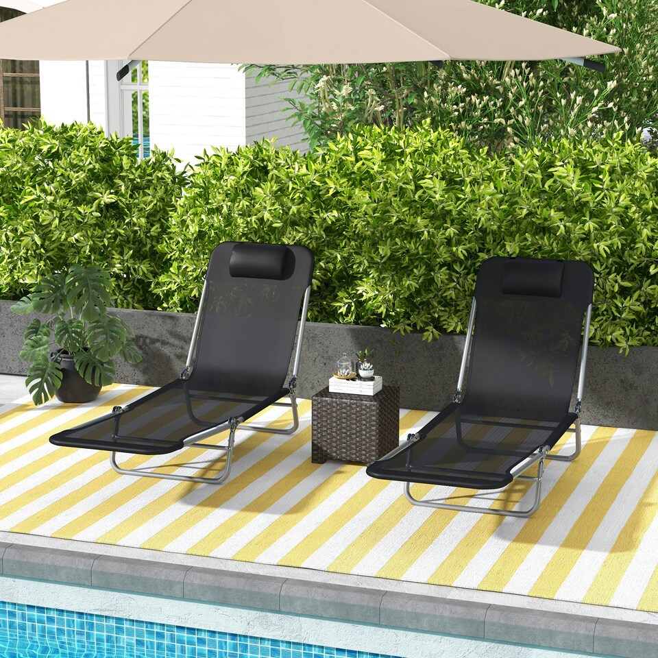 image 1 of Outsunny 2 Pieces Sun Loungers Foldable Reclining Chair with Headrest Black