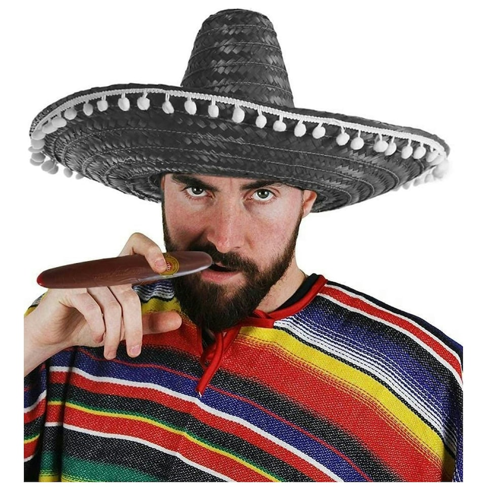 image 1 of Adult Black Pom-Pom Sombrero – Fancy Dress Mexican Hat | Black | 3