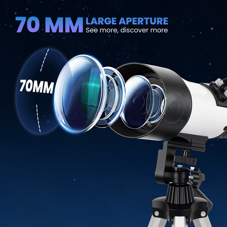image 1 of Outsunny Astronomy Telescope for Adults and Beginners, 70 mm Aperture Portable Refractor Telescope with 40X/16X Magnification, Adjustable Tripod, Carry Bag for Travel, White
